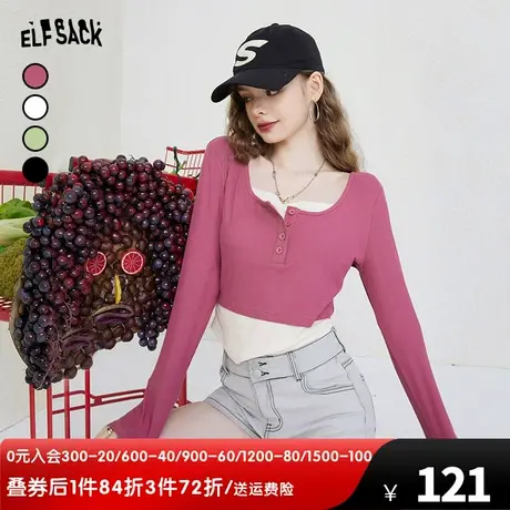 妖精的口袋假两件t恤女长袖2023秋季新款修身显瘦短款小个子上衣商品大图