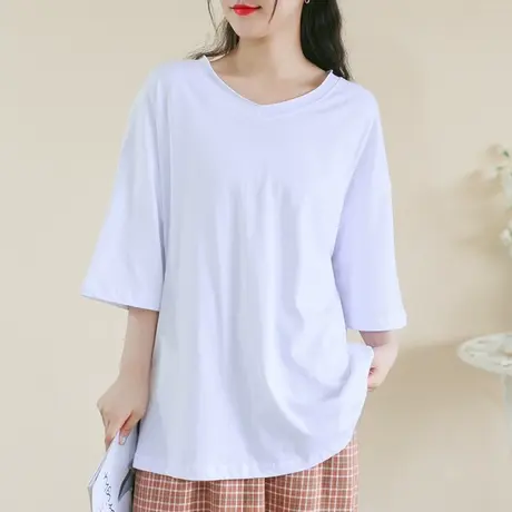 胖妹妹夏季2023新款复古简约卷边V领T恤加大码棉质中长款宽松上衣商品大图