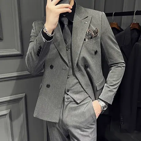 意式戗驳领西装男春季修身痞帅双排扣休闲大码新郎结婚礼服三件套商品大图