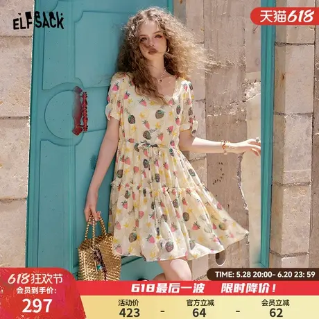 妖精的口袋草莓印花方领连衣裙女2025夏季新款法式掐腰小个子裙子图片