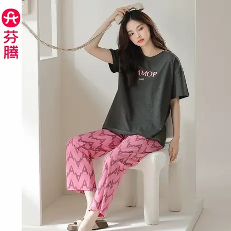 芬腾女士睡衣夏季纯棉短袖圆领套装女款休闲透气大码可外穿家居服商品大图