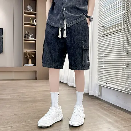 美式复古工装牛仔短裤男生夏季宽松青少年五分裤潮牌休闲大码裤子商品大图