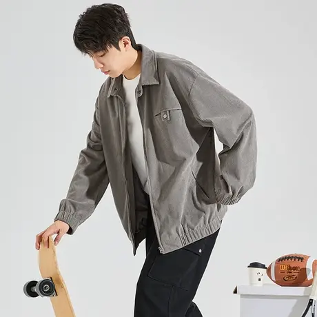 唐狮外套男秋季新款男翻领净色短款休闲百搭潮流时尚夹克外套图片