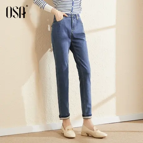OSA欧莎蓝色高腰修身小脚牛仔裤女春秋装2022年新款显瘦直筒裤子商品大图
