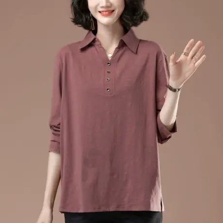 纯棉长袖t恤女春秋季加肥加大码女装上衣宽松中年妈妈翻领打底衫商品大图