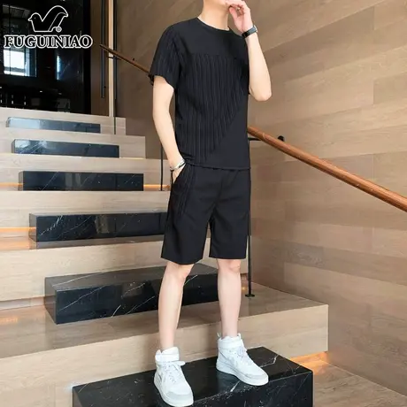 富贵鸟夏季休闲短袖运动套装男士2025新款冰丝t恤短裤男装一整套图片