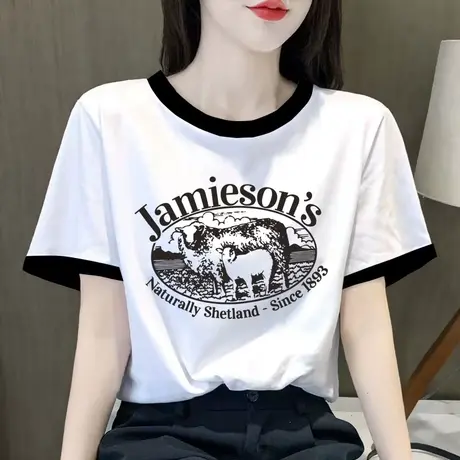 复古插肩袖短袖t恤女夏季新款撞色设计感小众ins潮牌纯棉大码上衣图片