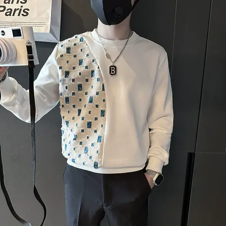 个性破洞格子拼接卫衣男秋季爆款小众设计感潮男痞帅长袖T恤上衣图片