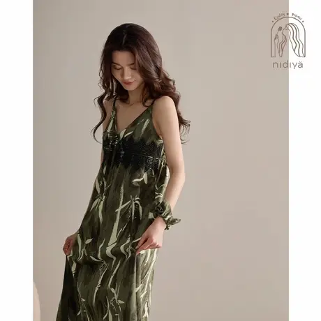 妮狄娅睡衣睡裙女夏季柔软棉性感v领吊带裙国风墨绿色外穿家居服商品大图