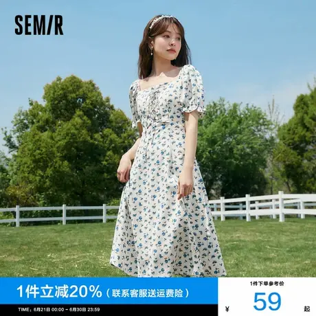 森马连衣裙女好看雪纺碎花裙浪漫2024夏季新款方领a字小个子法式图片