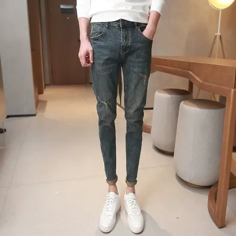 2023秋冬新款做旧深蓝破洞牛仔裤男潮流修身小脚铅笔裤青年长裤子商品大图