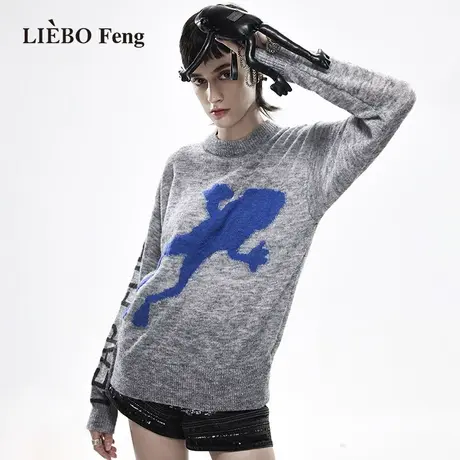 裂帛LIEBOFeng设计师品牌chic高街动物图案简约灰色慵懒宽松毛衣商品大图