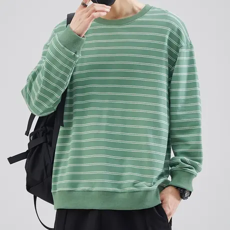 300g重磅条纹卫衣男2023新款春秋季宽松潮流圆领无帽上衣长袖t恤商品大图