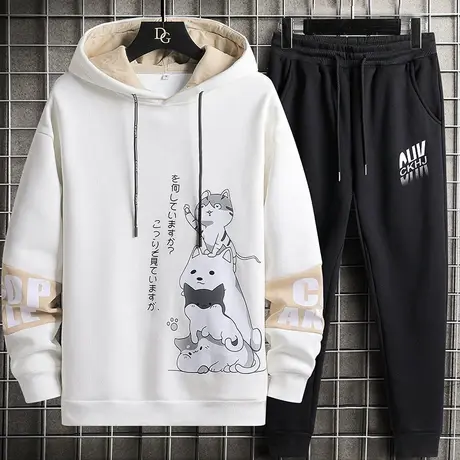 秋季男士卫衣潮ins青少年宽松百搭痞帅运动套装连帽休闲衣服一套商品大图