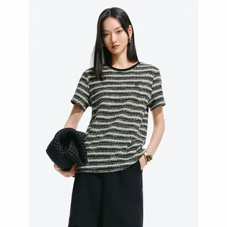 【昕怡粉丝专享】太平鸟小香风T恤女夏直筒宽松圆领撞色针织衫图片