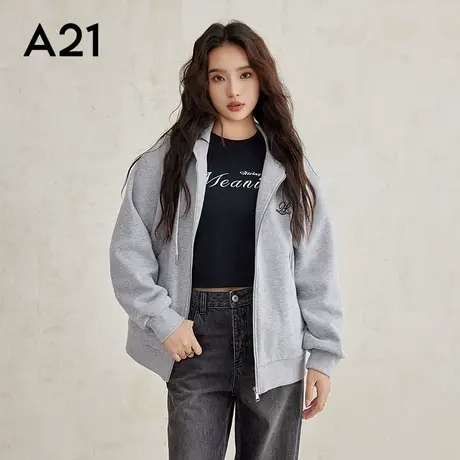 A21女装针织宽松连帽落肩开襟卫衣外套商品大图