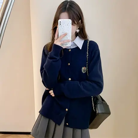 唐狮英伦风刺绣针织开衫女2024新款慵懒风早秋穿搭设计感毛衣qd商品大图