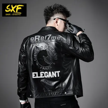 SXF圣希梵真皮皮衣男 新款刺绣翻领机车夹棉修身男士皮夹克外套潮商品大图