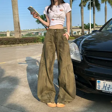 美式复古潮牌高街拼接弯刀牛仔裤女春秋新款宽松休闲阔腿拖地长裤商品大图