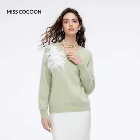 MISSCOCOON可可尼蕾丝毛衣女2025冬新款慵懒风加厚宽松V领羊毛衫商品大图