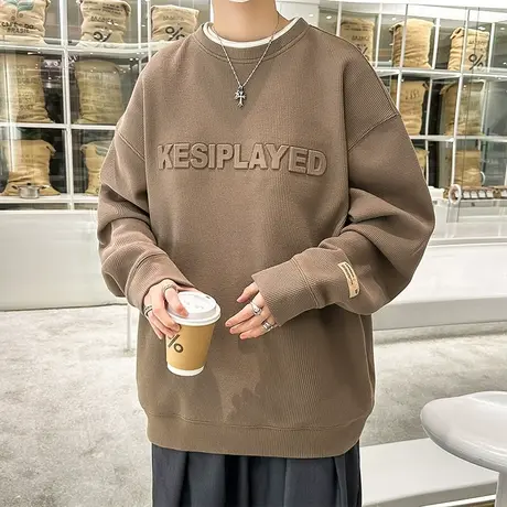 重磅华夫格长袖T恤男士春秋款假两件圆领厚棉T男休闲宽松港风上衣商品大图