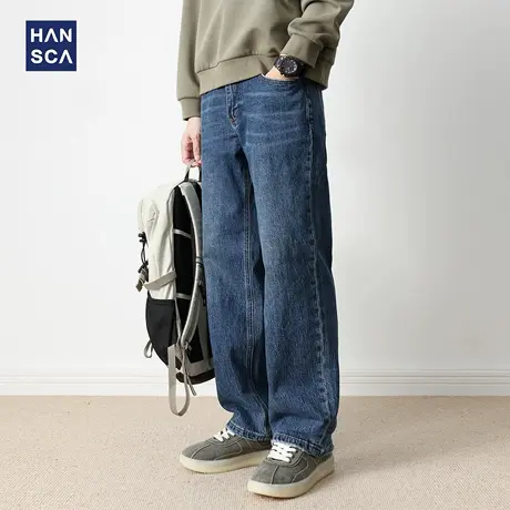hansca青少年宽松直筒阔腿秋季牛仔裤2025新款男秋水洗复古长裤子商品大图