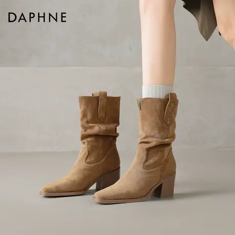 达芙妮尖头靴子女中筒2026新款冬季高跟美拉德堆堆短靴加绒马丁靴图片