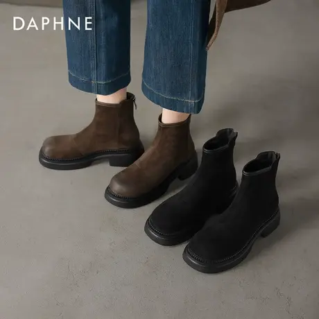 达芙妮棕色短靴女2026新款秋冬季加绒瘦瘦靴复古烟筒厚底马丁靴图片