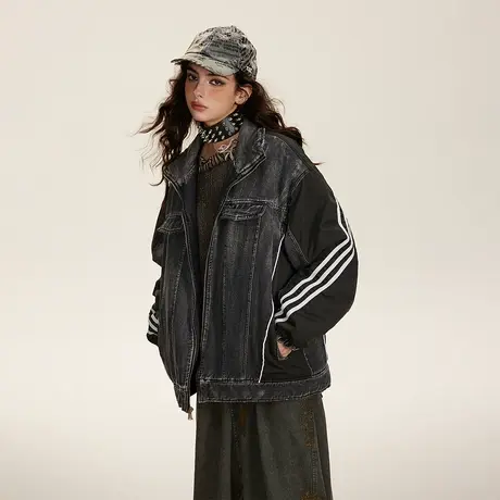 美式复古拼接棉服女条纹加厚冬天外套2023年新款做旧宽松棉衣棉袄商品大图