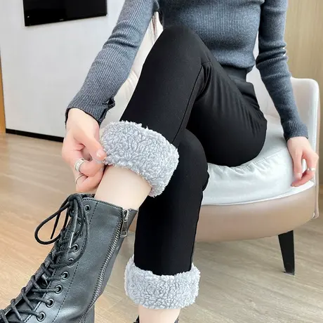 黑色加绒打底裤女冬季新款外穿2023高腰显瘦羊羔绒加厚小脚魔术裤图片