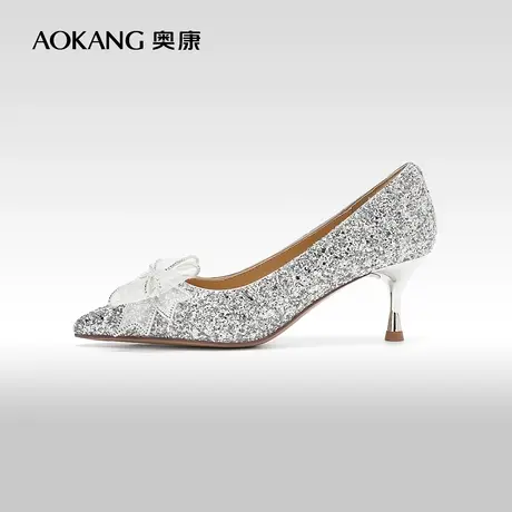 【爱与面包】奥康女鞋 2023秋季新款法式蝴蝶结水晶秀禾新娘婚鞋商品大图