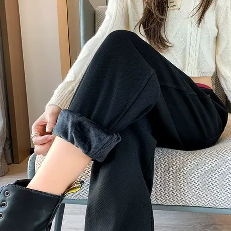 加绒黑色运动裤女秋冬新款高腰宽松束脚哈伦裤小个子加厚休闲卫裤商品大图