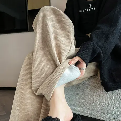 咖啡色加绒运动裤女冬季新款高腰宽松显瘦小个子阔腿休闲束脚卫裤商品大图