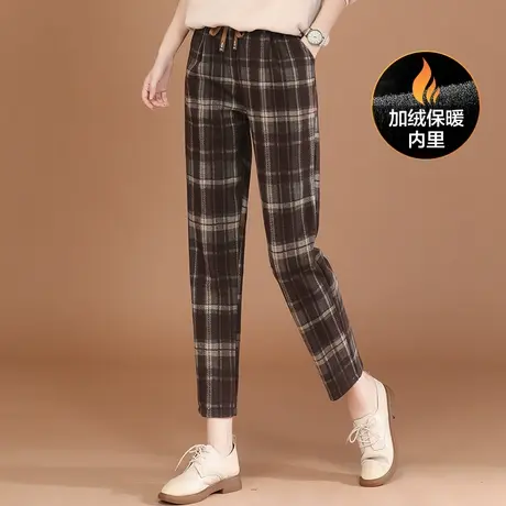 新品8.5折】松紧腰格纹加绒休闲裤女宽松百搭哈伦长裤子图片