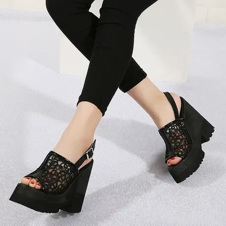 断码鞋子松糕鞋女夏季镂空网纱婚鞋鱼嘴增高罗马凉拖厚底高跟凉鞋商品大图