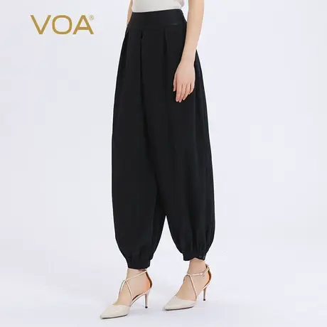 VOA真丝自然腰黑色撞料拼接双绉斜插口袋百搭九分桑蚕丝灯笼裤图片