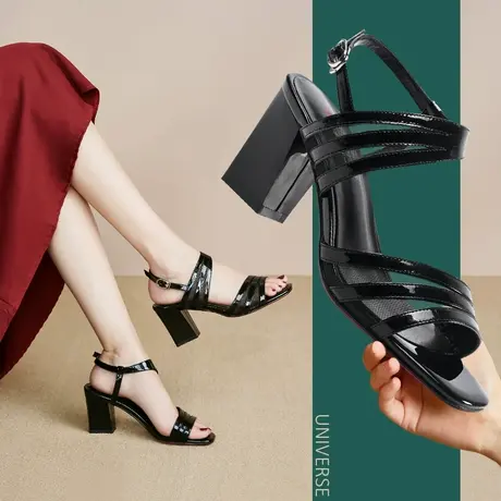 新款夏季女时装凉鞋女真皮绑带高跟罗马鞋极简粗跟黑色凉鞋女商品大图