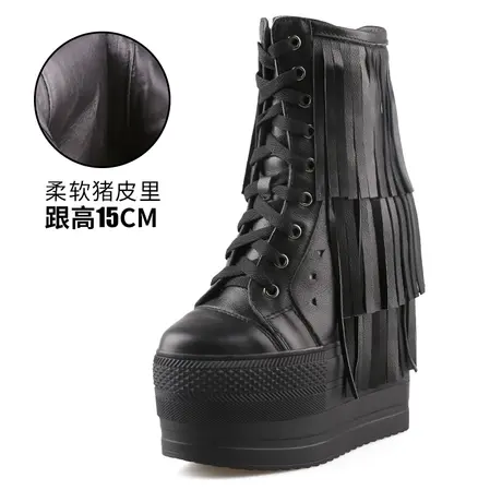14CM内增高流苏靴女小个子休闲短靴黑色厚底高帮鞋超高跟真皮单鞋商品大图