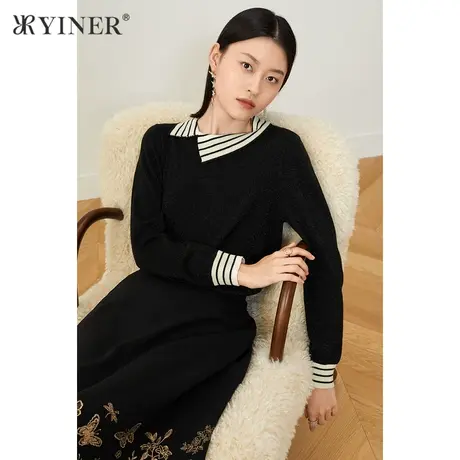 YINER音儿奥莱女装冬季条纹斜领亮丝针织衫套头商品大图