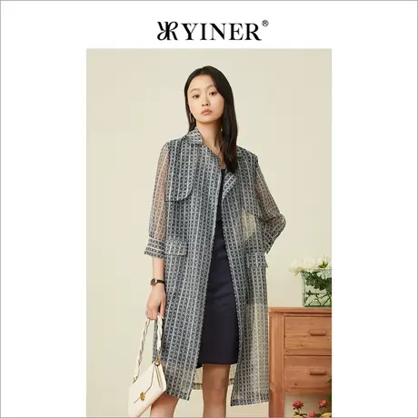 YINER音儿专柜女装2022夏季新款字母印花中长款网纱衬衫商品大图