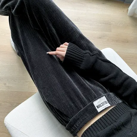 灯芯绒阔腿裤女春秋2024垂感显瘦高腰黑色休闲裤子宽松条绒直筒裤商品大图