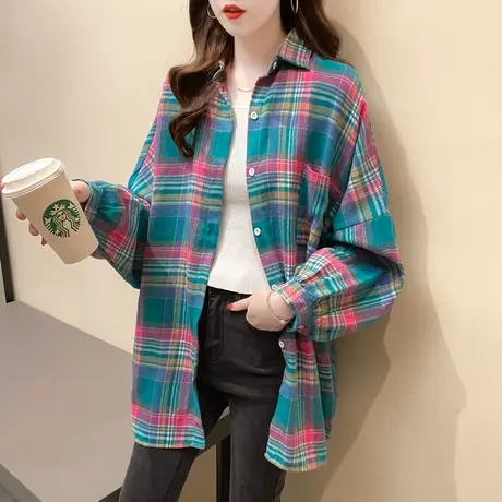 中长款拼色格子衬衫女时尚上衣2023早秋新款女装韩版港味衬衣外套商品大图