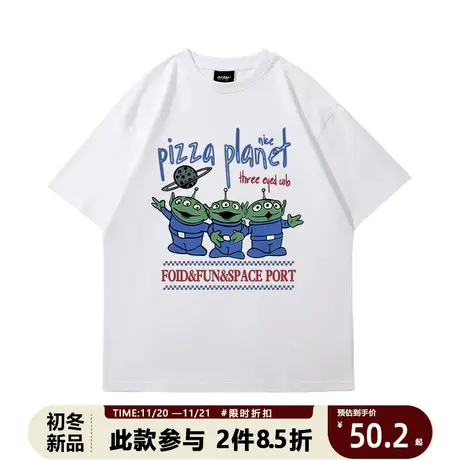 趣味卡通美式复古vintage 可爱外星人动漫宽松休闲纯棉男女短袖T商品大图