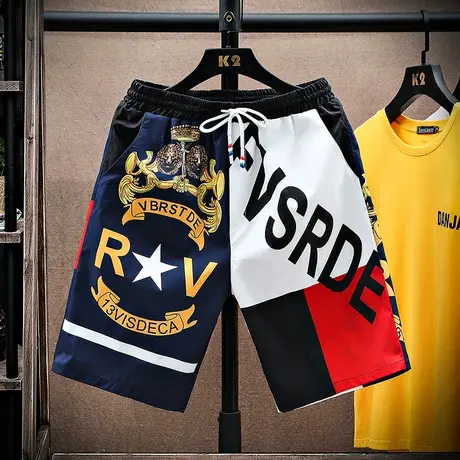 2023夏季休闲运动短裤男士欧版五分裤子拼接撞色薄冰丝速干沙滩裤商品大图