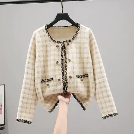 2023春装新款韩版宽松圆领小香风针织衫长袖外套女士上衣百搭毛衣商品大图