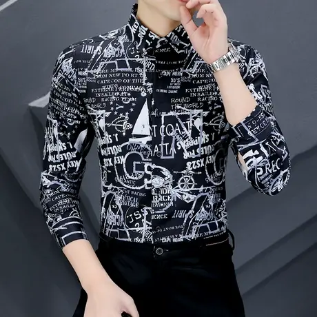 高级感字母印花衬衫男长袖ins潮流帅气韩版春秋季修身发型师衬衣商品大图