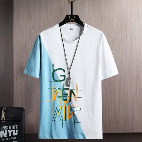 短袖T恤男士2023年夏季薄款棉感冰丝体恤衫潮牌港风袖拼接上衣服商品大图