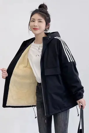 加绒外套女2023秋冬季新款连帽宽松加厚保暖时尚气质夹克工装棉服图片