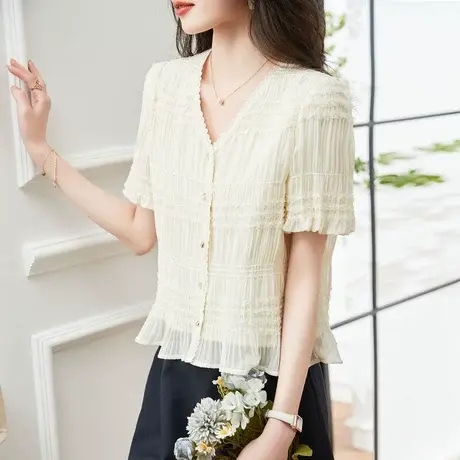 时尚气质短袖衬衫2023年夏季新款淑女温柔甜美显瘦V领百搭上衣商品大图