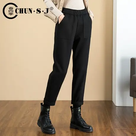 加绒加厚羊毛呢裤子女秋冬呢子松紧腰萝卜裤九分小脚休闲哈伦裤图片